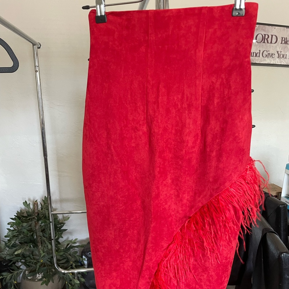 Hanifa Red Asymmetrical Ruffled Pencil Skirt